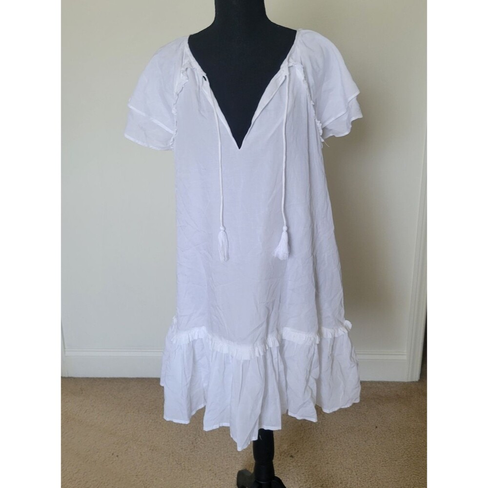 Elan White Boho Easy Cotton Blend Summer Mini Dress Ruffle Sleeve Tassel Ties S